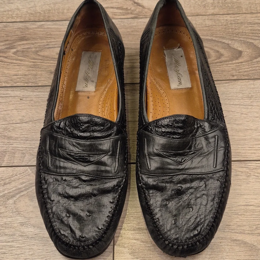 MEZLAN Mario Black‎ Ostrich Pattern Leather Sz 11.5 US Mens Loafers Shoes VTG